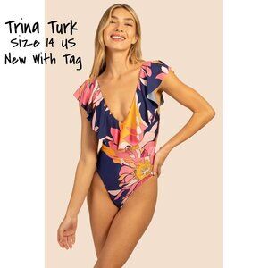 Trina Turk One Piece Swimsuit Ruffle V-Neck Tropical Size 14 US New with Tag